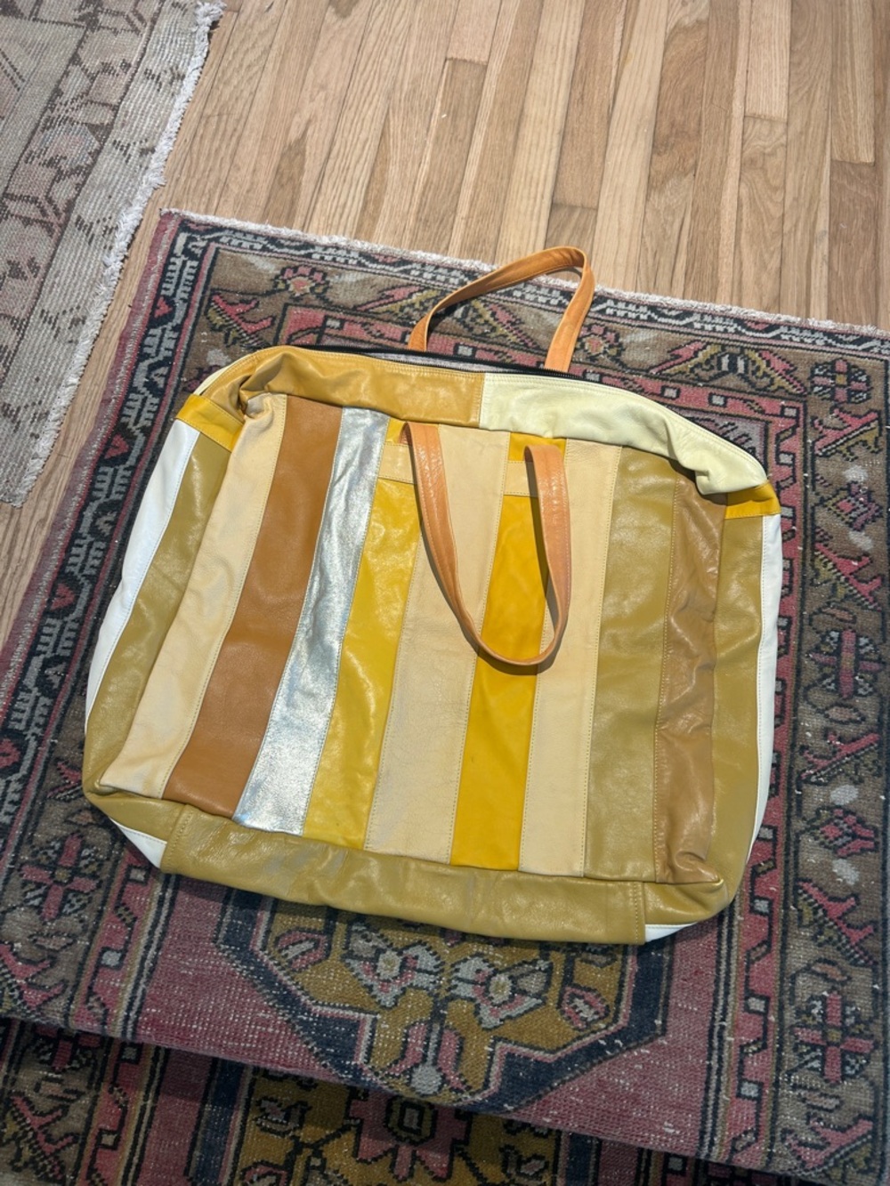 Patchwork Stripe Leather Tote in Yellow, Tan and Silver